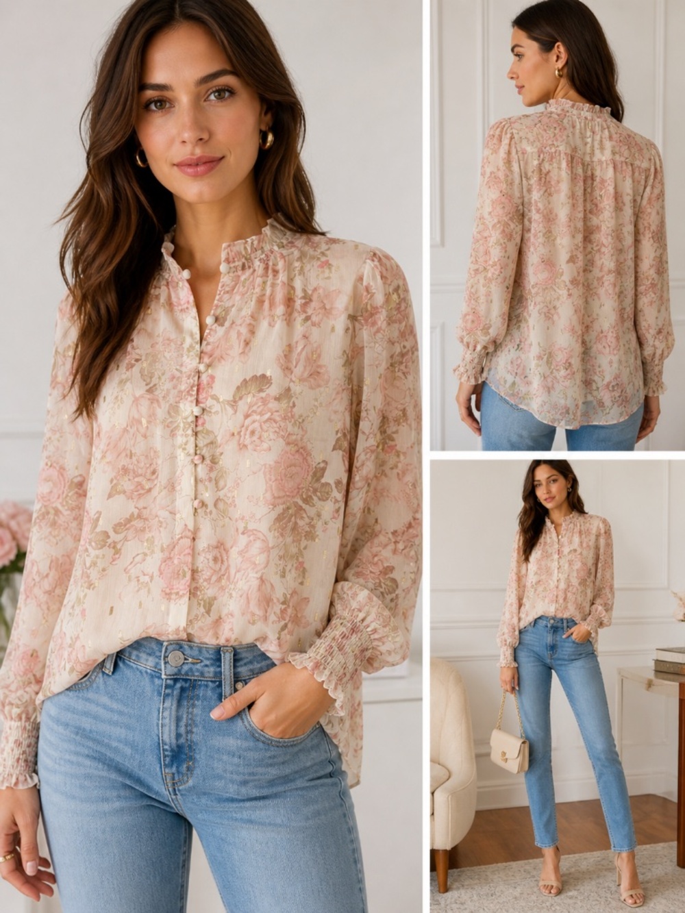 Anthro Joie Floral Blouse Ruffle Neck Floral Top Pink Gold Cream Extra Small XS